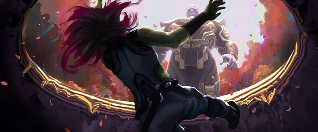 Танос, убивающий Гамору, на концептах «Мстителей»