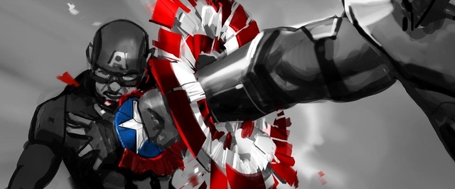Танос, пробивающий щит Капитана, и погибший Вижен на артах «Мстителей»