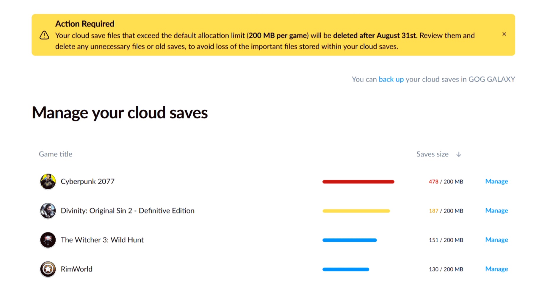 Магазин GOG удалит облачные сохранения свыше лимита в 200 мегабайт на игру